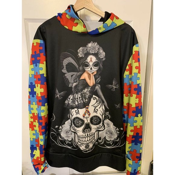WOMEN'S XL SKULL Butterfly Girl Print HOODIE SWEATSHIRT OUTERWEAR BUTTERFLIES - Picture 6 of 7